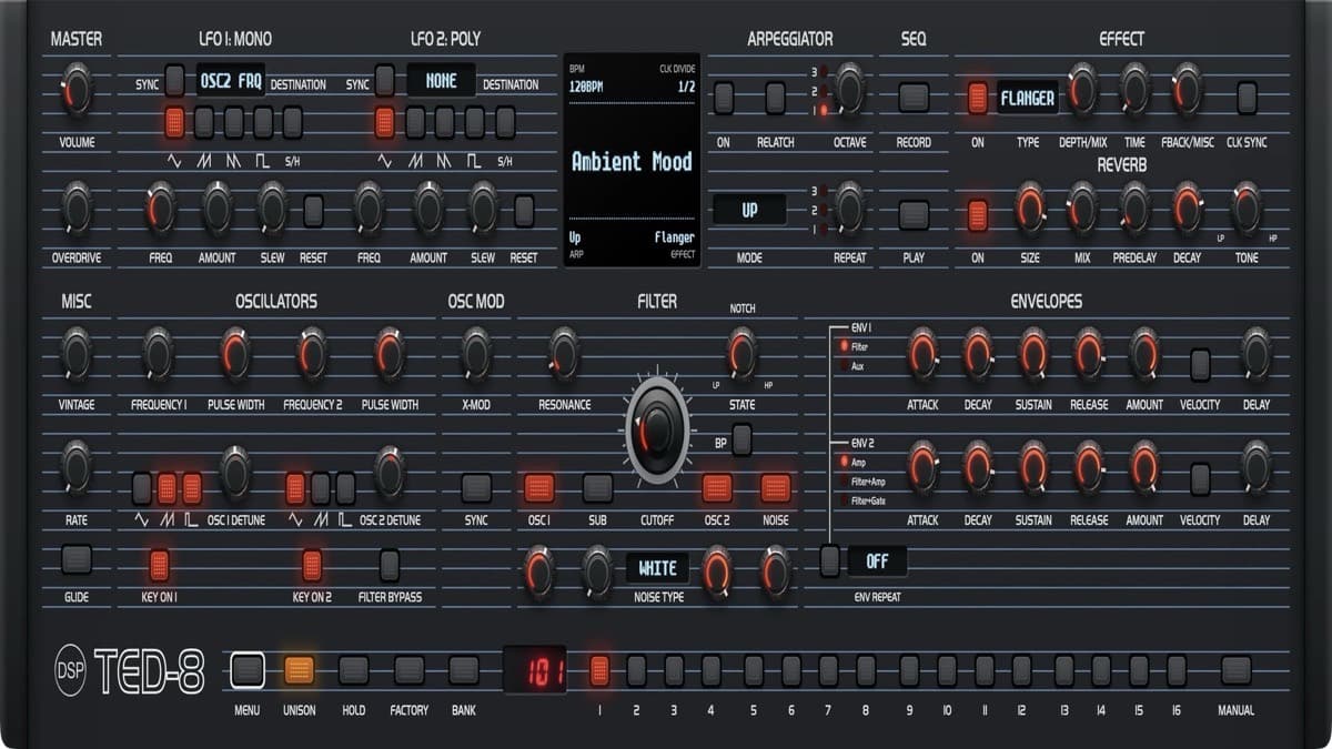 discoDSP TED-8 software synthesizer interface, a model of the Oberheim TEO-5