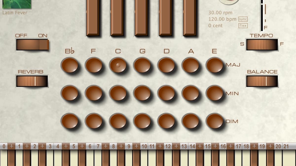 DSP Bricks Optigan plugin interface showing the chord buttons, tempo and reverb controls and the disc track strip