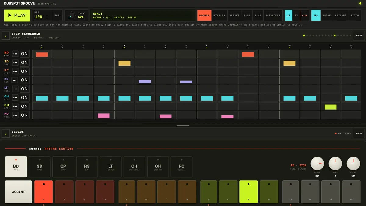 Dubspot Groove browser drum machine showing a 16-step pattern and drum controls