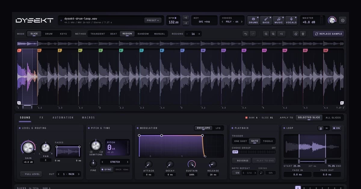 Defuse Audio DYSEKT plugin interface showing a sliced waveform with per-slice stem and effect controls