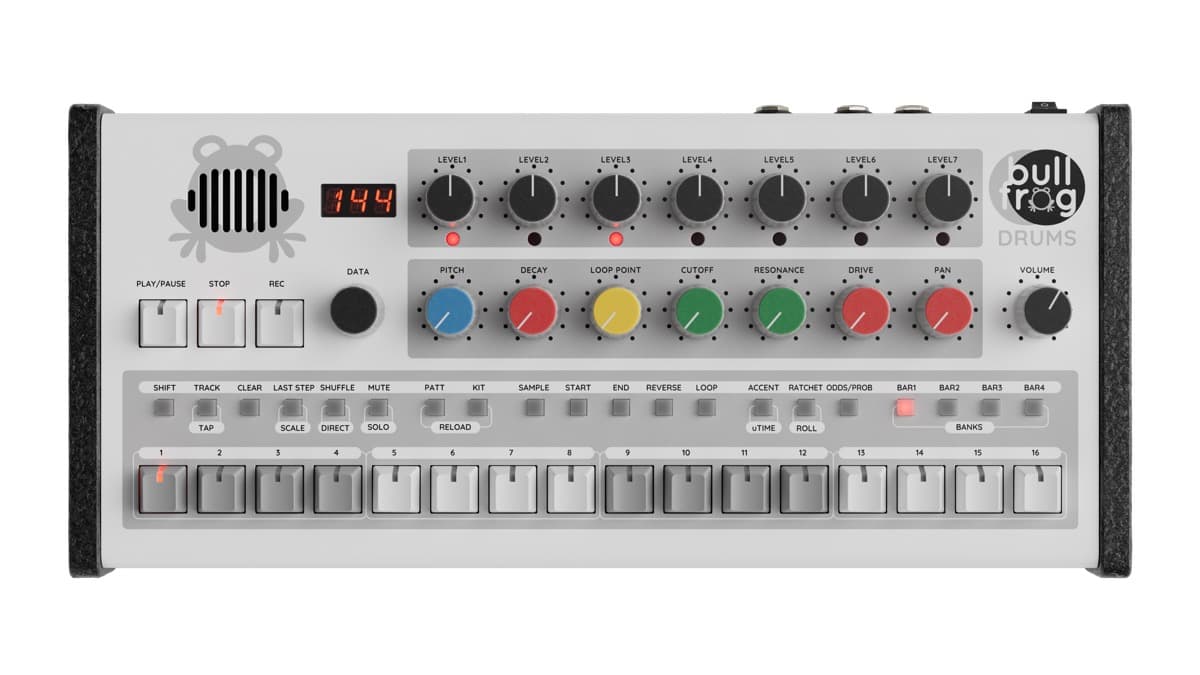 Erica Synths Bullfrog Drums sampling drum machine top panel with seven voices and step buttons