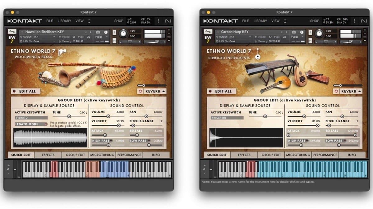 Ethno World 7 Complete running in Kontakt 7, showing the Woodwind & Brass and Stringed Instruments interfaces