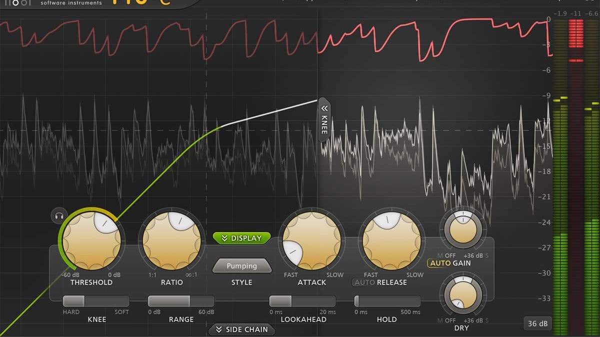 Optical leveling amplifier compressor plugin interface with peak reduction and gain controls