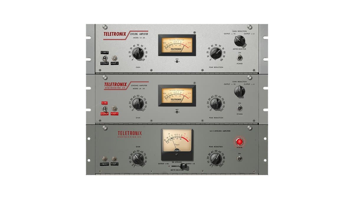 Universal Audio Teletronix LA-2A Leveler Collection plugin showing the LA-2A Silver, LA-2A Gray, and LA-2 optical compressors