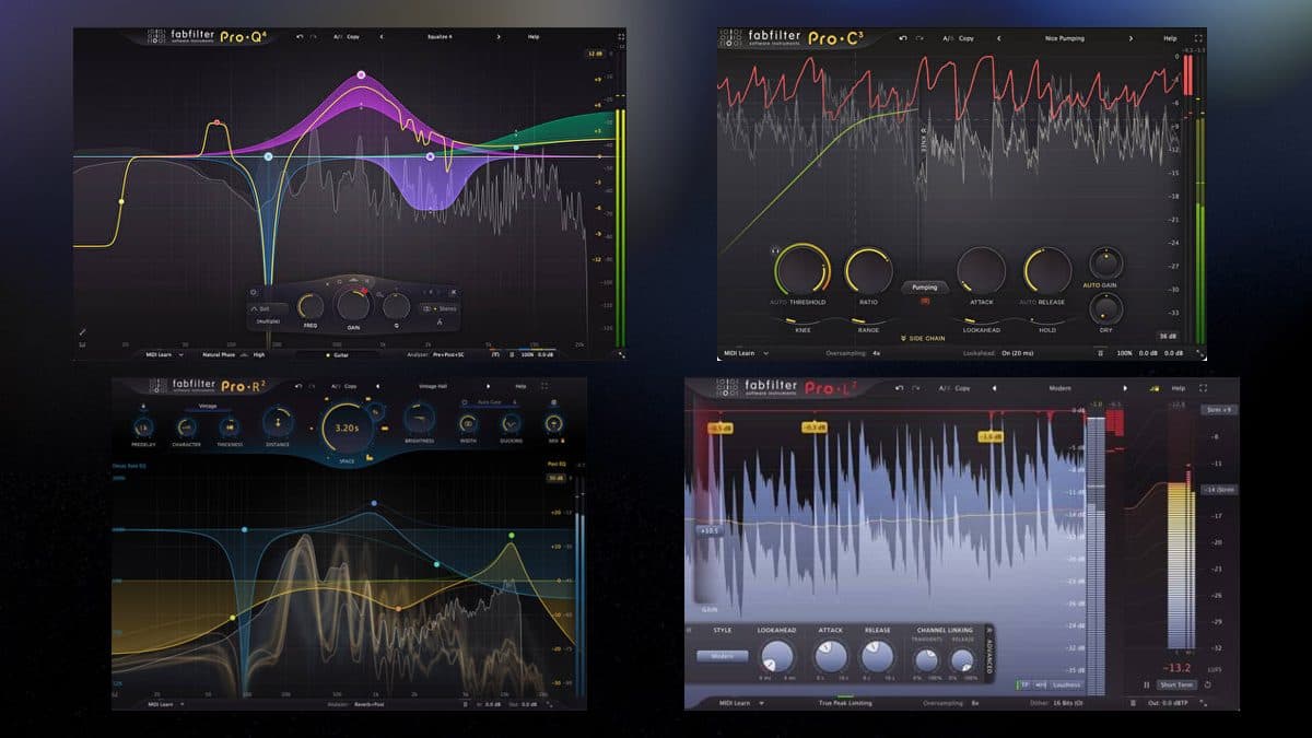 FabFilter Pro-Q 4, Pro-C 3, Pro-R 2 and Pro-L 2 plugin interfaces