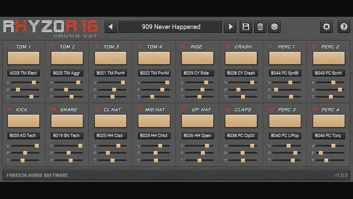 Force56 Rhyzor16 drum plugin interface with HR-16 and HR-16B pads and per-pad tuning