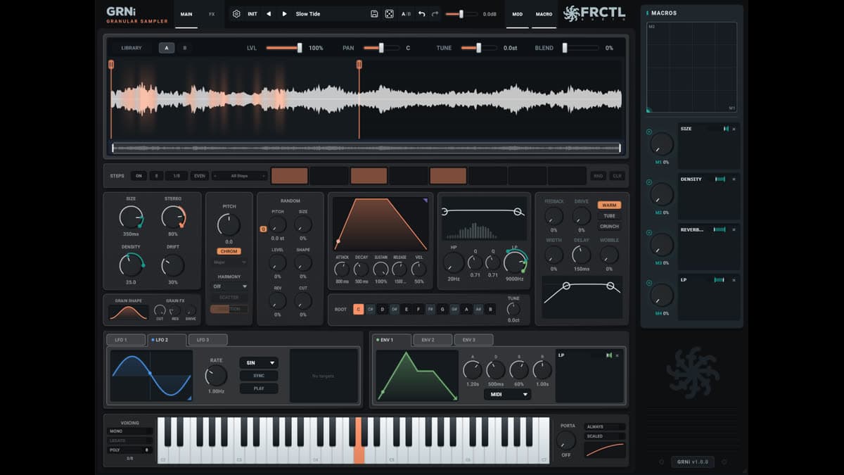 FRCTL GRNi granular sampler interface with waveform, grain cards, macros, and on-screen keyboard