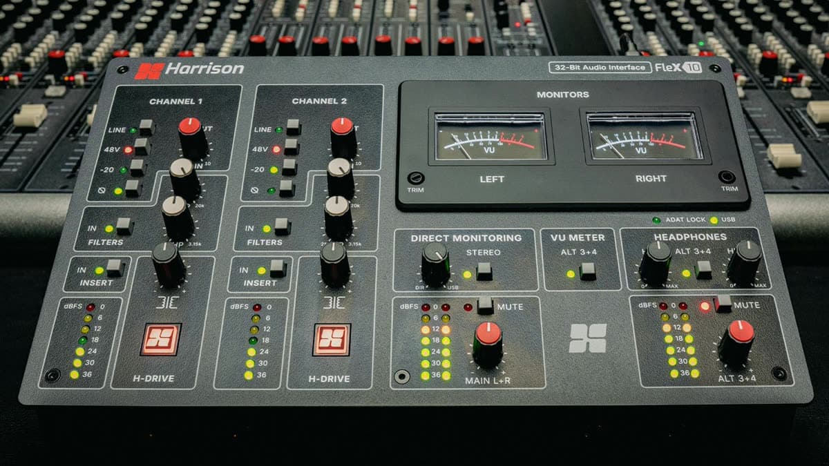 Harrison Flex-10 USB-C audio interface with two console-style channel strips and analog VU meters