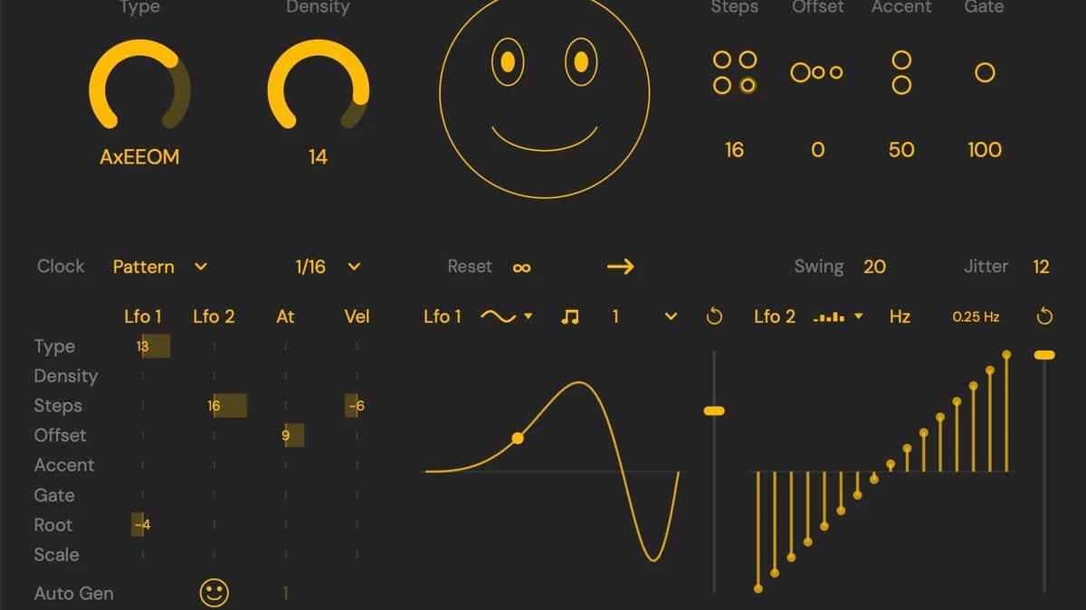 Iftah Sting plugin showing the Algo engine, Type and Density knobs, smiley generate control, modulation matrix, and 16-step note grid