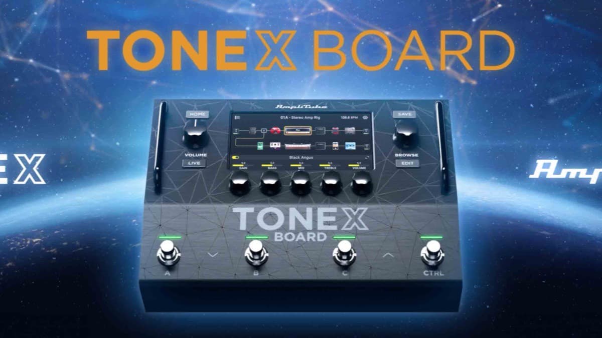 IK Multimedia TONEX Board floor amp modeler with 5-inch touchscreen and footswitches