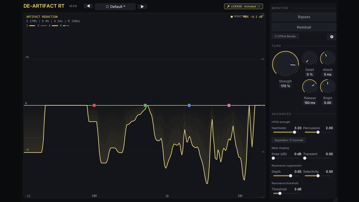 Intrect de-artifact plugin showing strength, harmonic and percussive reduction, and a spectrum display