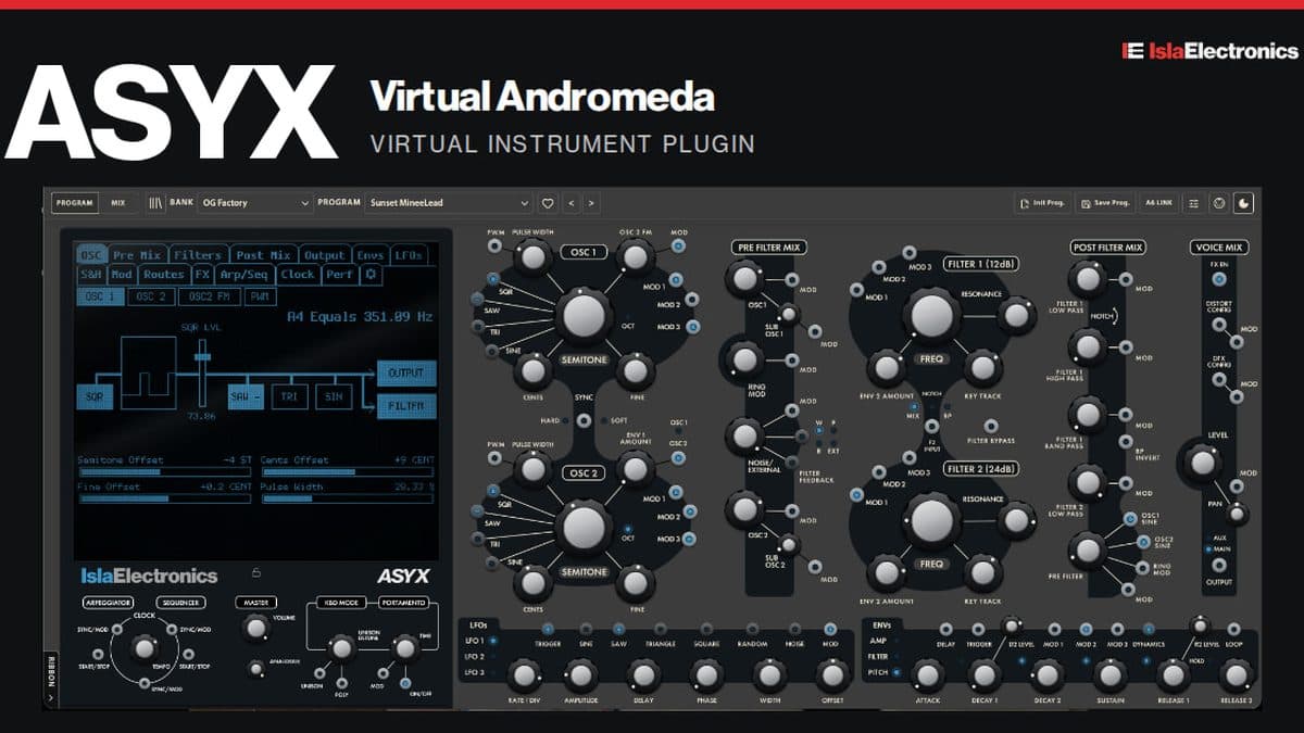 Isla Electronics ASYX, a software recreation of the Alesis Andromeda A6, shown in its graphite interface theme