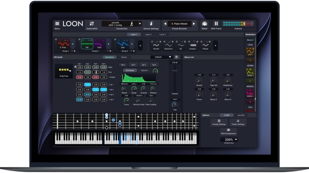 Jamstik LOON software instrument interface showing three layers, FM synth operators and macro list