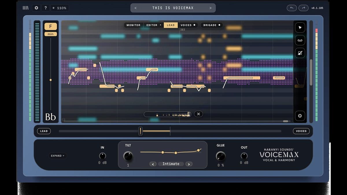 Karanyi Sounds Voicemax vocal tuning plugin with the lead editor piano roll and harmony notes on screen