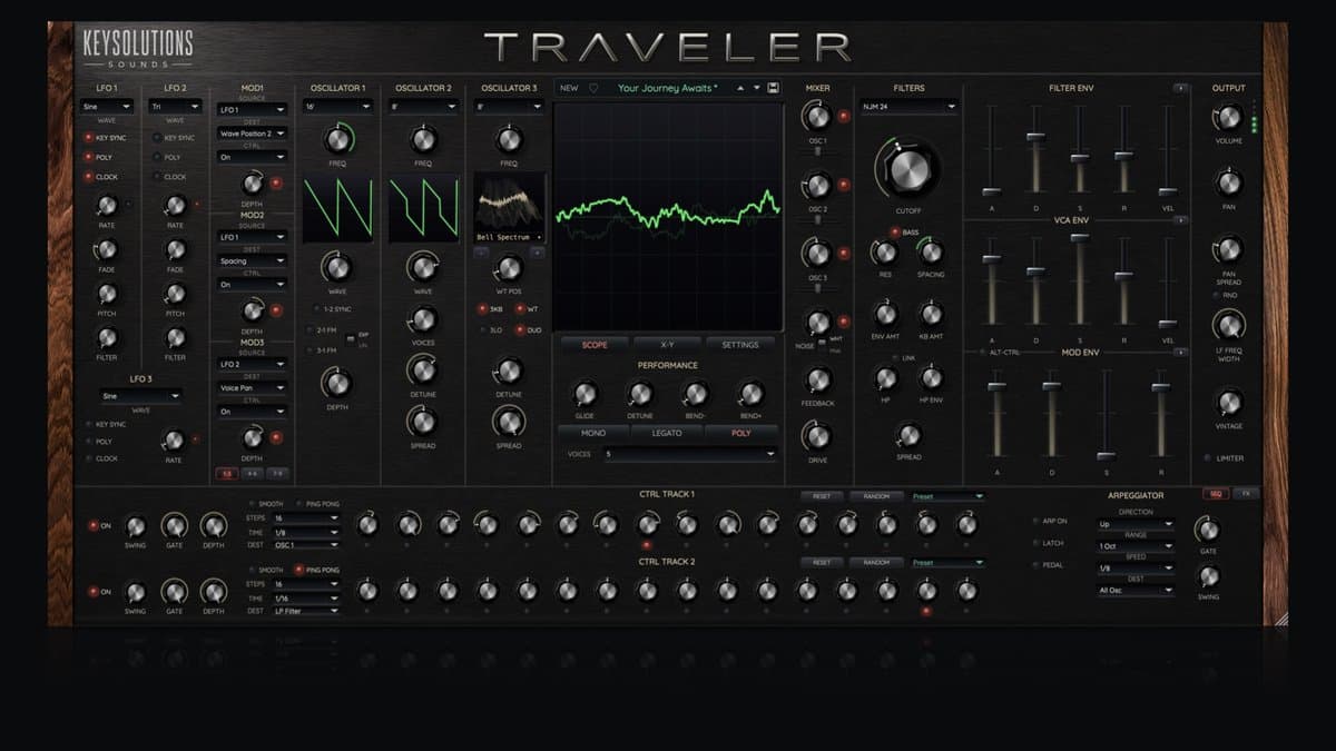 KeySolutions Traveler cinematic hybrid synthesizer interface with three oscillators and motion effects
