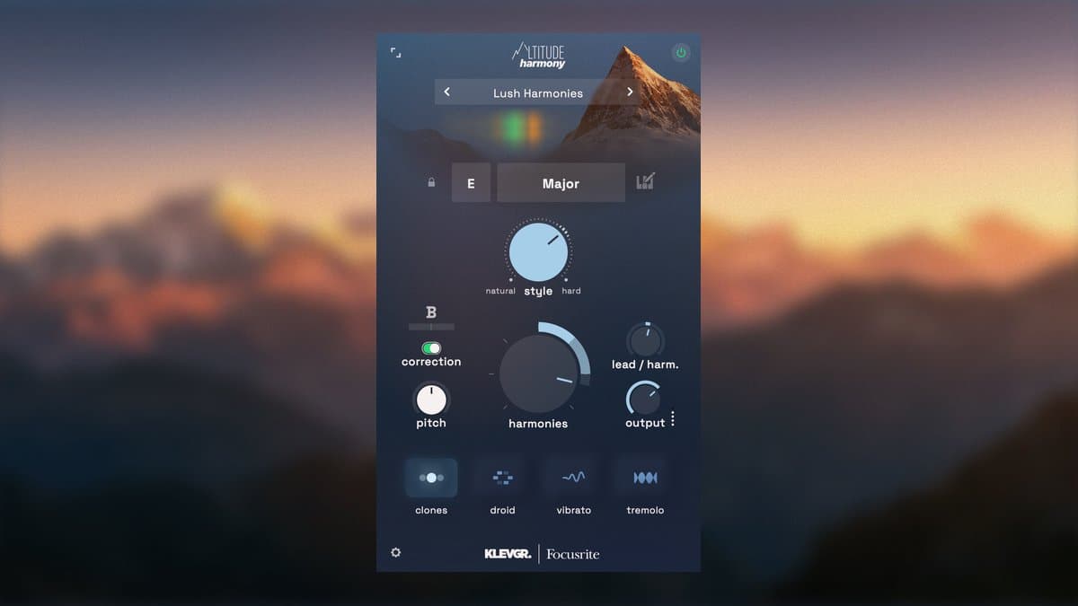 Klevgrand Altitude Harmony vocal tuner and harmonizer interface with Style, Harmonies and the Clones, Droid, Vibrato and Tremolo buttons