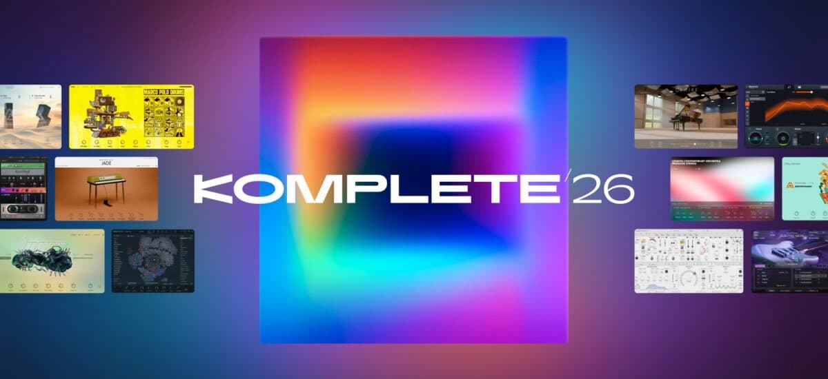 Native Instruments Komplete 26 product collage showing Absynth 6, Kontakt 8, and the included instruments