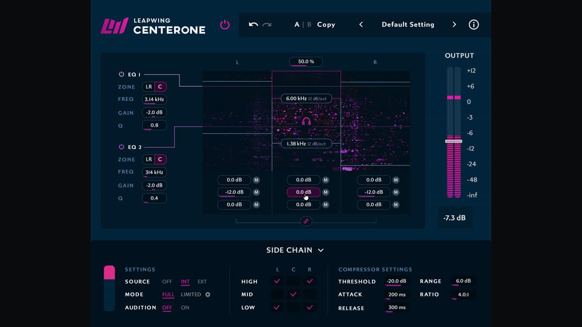 Leapwing CenterOne 3 interface with three-band left, center, and right level controls, dual EQ, and sidechain