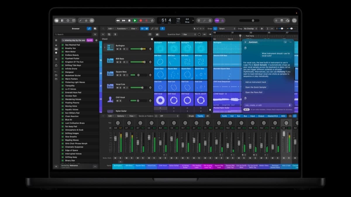 Logic Pro for Mac with the new Liquid Glass design showing waveforms and tracks