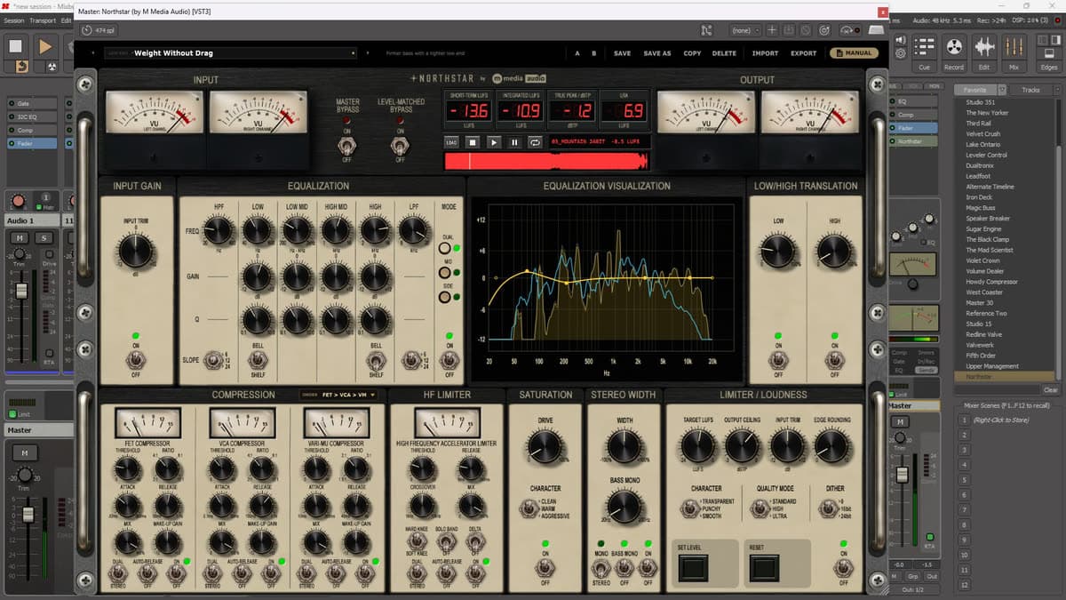 Northstar mastering console with Dual, Mid, and Side EQ banks, compressor panels, and loudness meters
