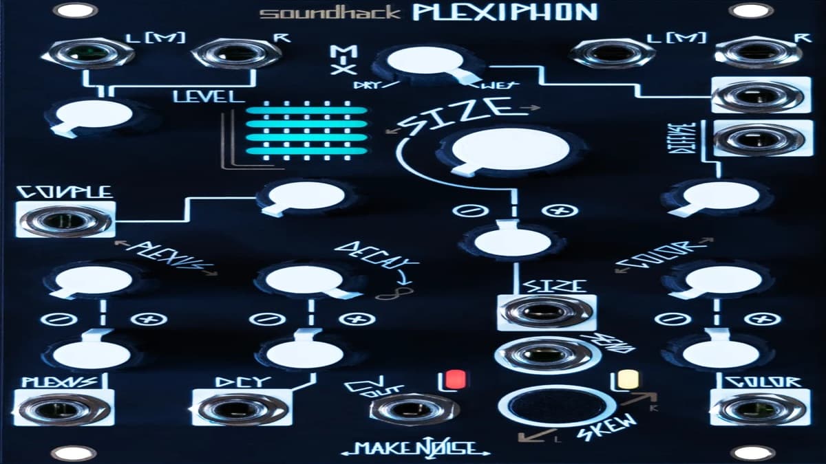 Make Noise Plexiphon Eurorack module front panel with Plexus, Size, Diffuse, Color, Couple and Skew controls