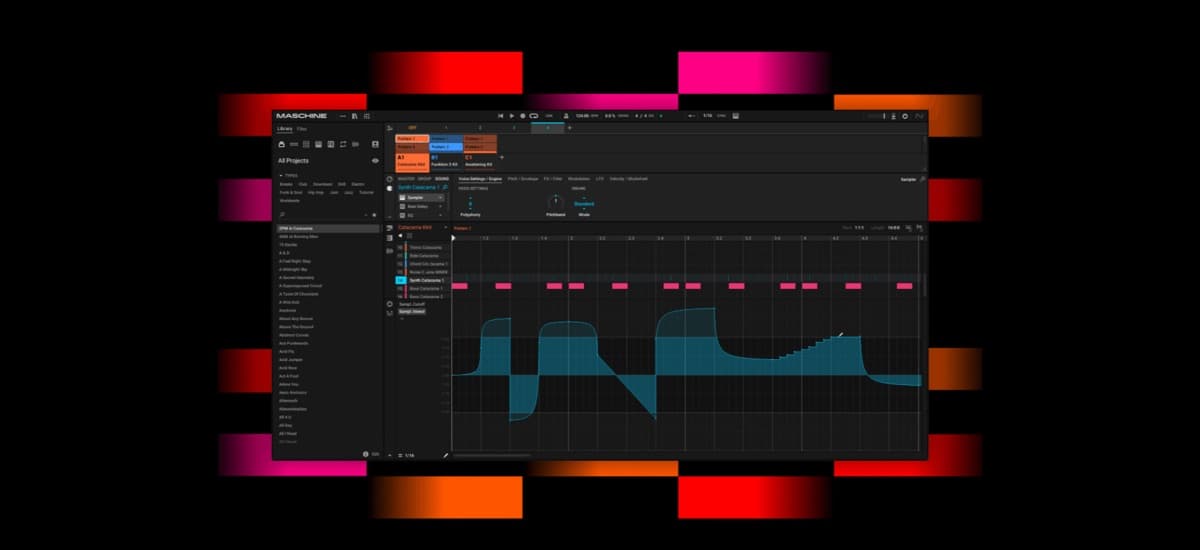Native Instruments Maschine+ standalone groovebox alongside the Maschine 3.5 desktop software interface