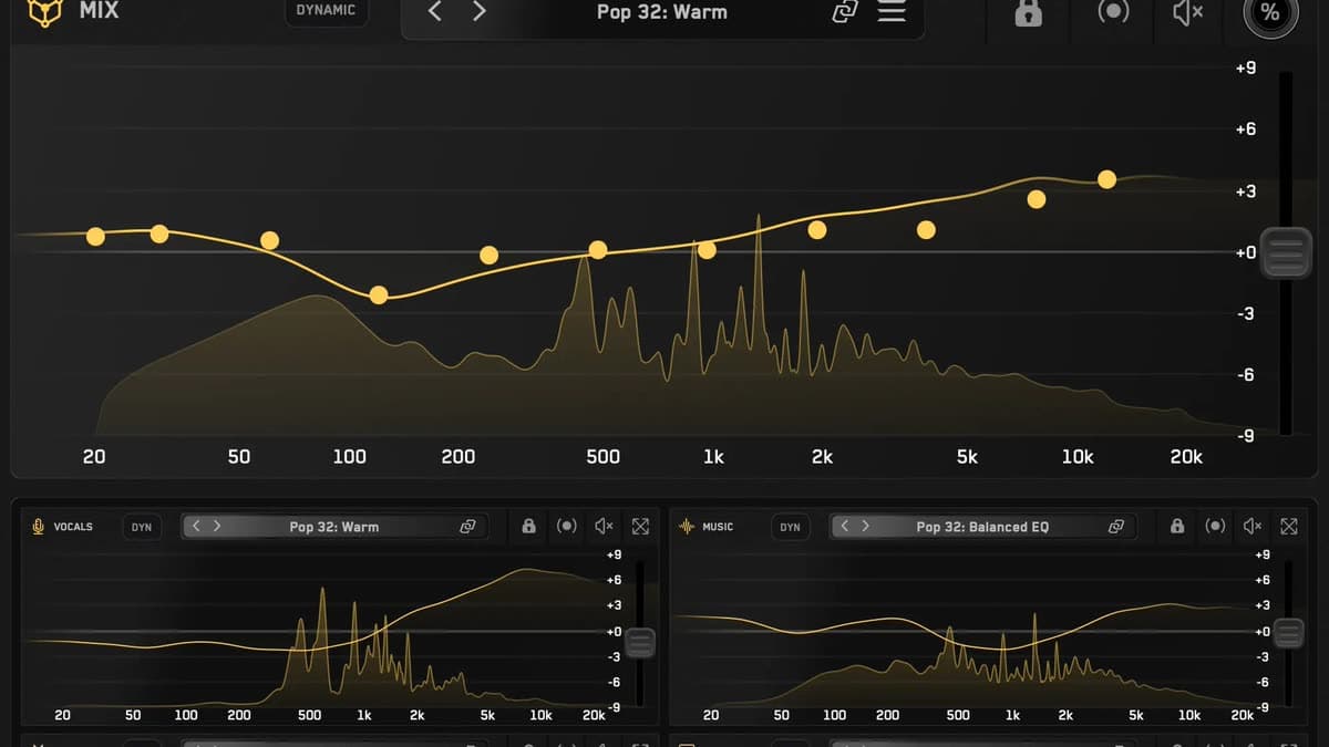 Mastering The Mix CARBON Q interface with connected EQ curves for the mix, vocals, drums, and bass