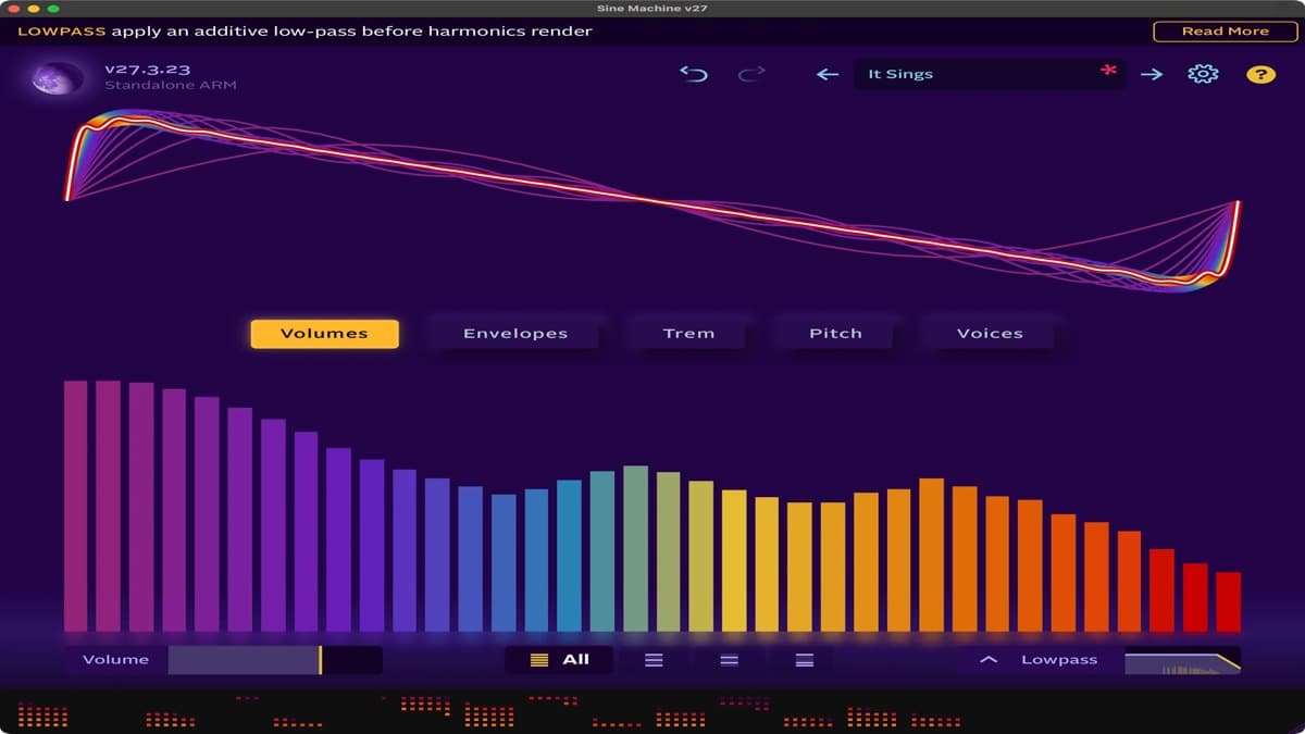 Melatonin Sine Machine additive synthesizer interface showing per-harmonic volume bars