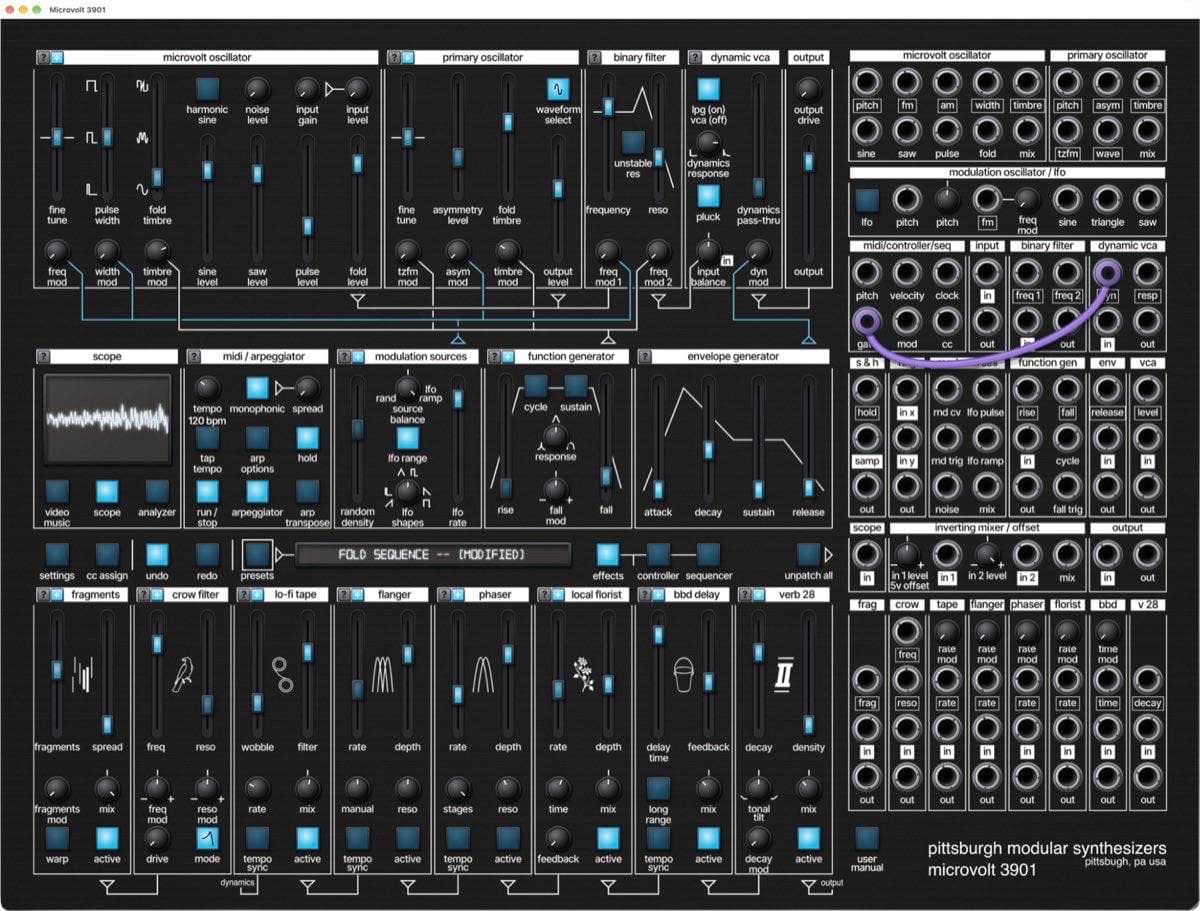 Pittsburgh Modular Microvolt 3901 software synthesizer interface