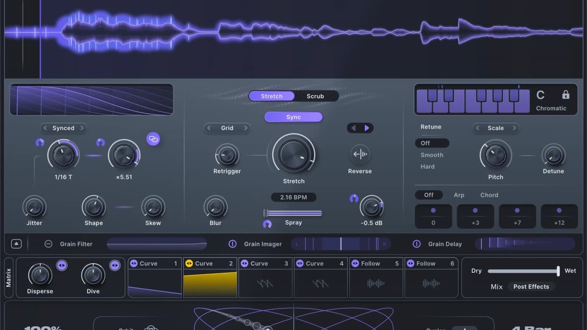 Minimal Audio Lucid granular effects plugin interface with grain engine, scale lock, and animator pad