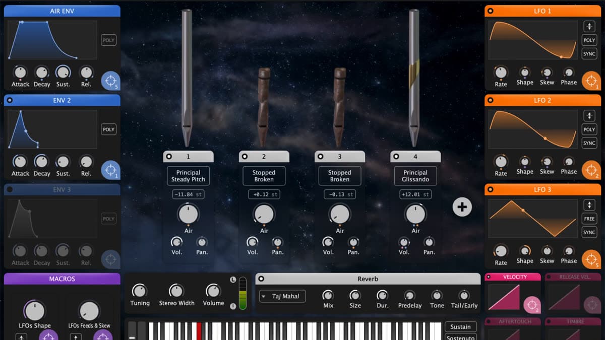 Modartt Airteq interface with virtual pipes, air envelopes, LFOs, macros, and convolution-style reverb