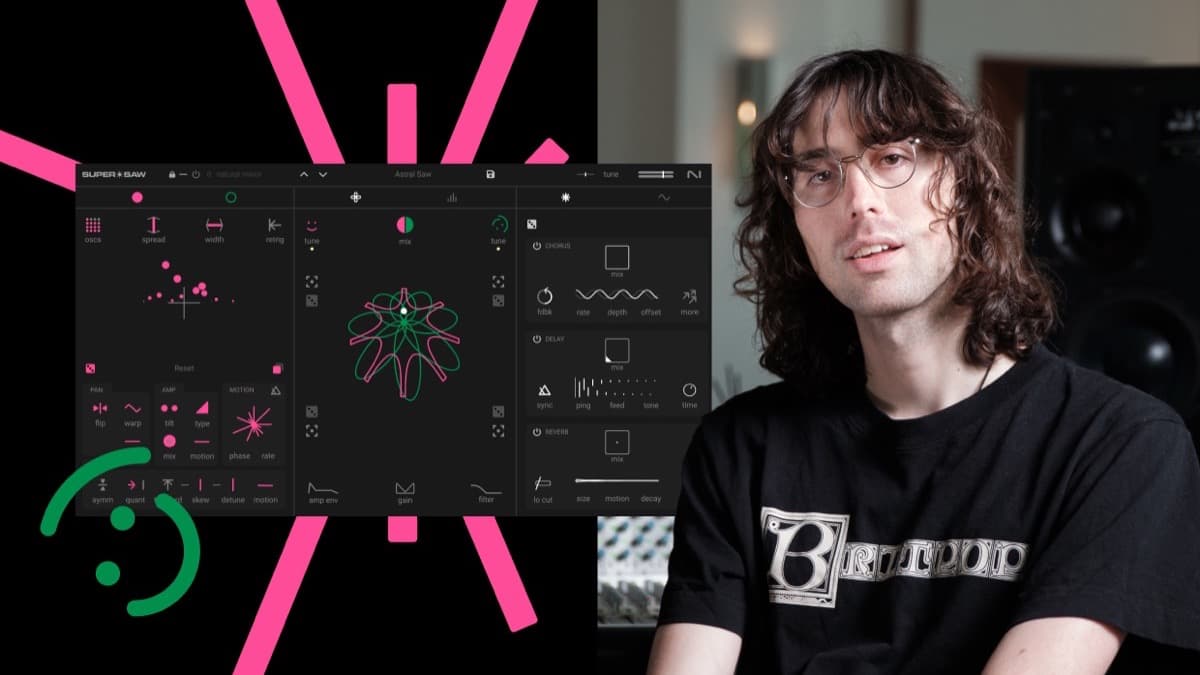 Native Instruments SuperStarSaw synthesizer interface with its pink and green stacked-saw layers and X/Y Morpher
