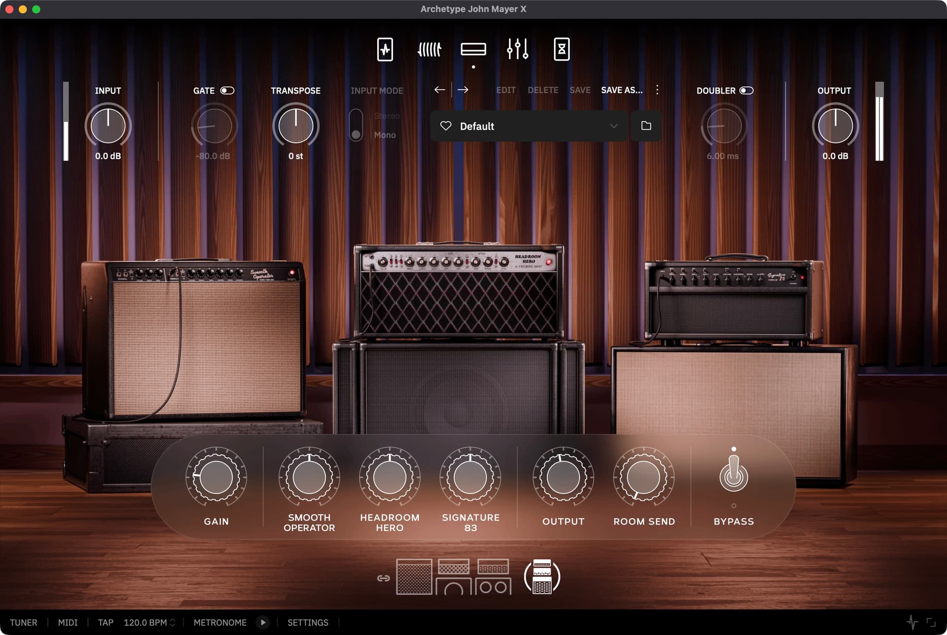 Neural DSP Archetype John Mayer X plugin interface showing amp and effects modules