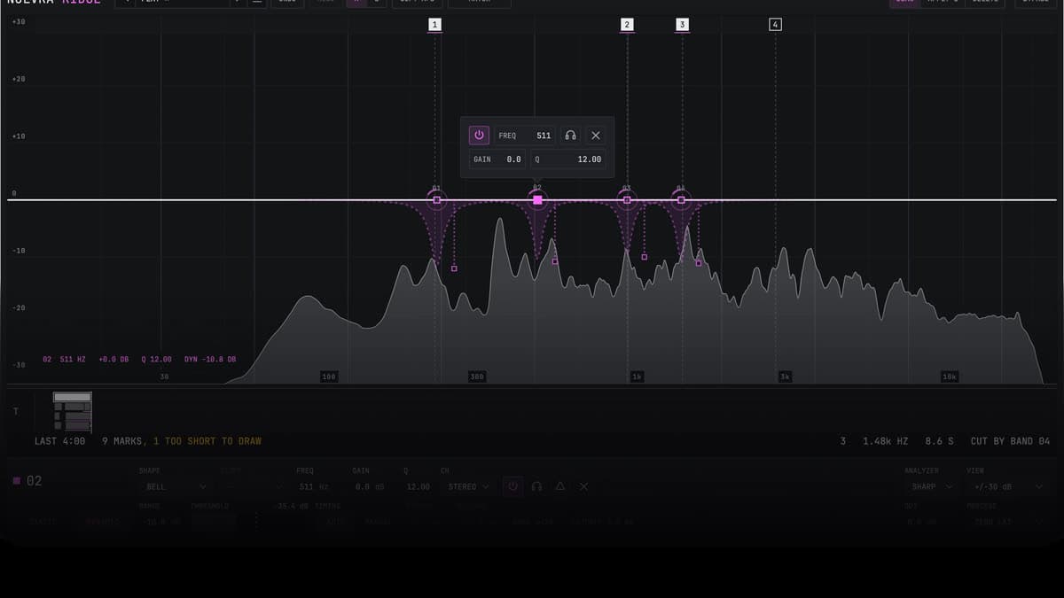 Nolvra RIDGE 24-band dynamic EQ showing scanned resonance marks on the analyzer curve
