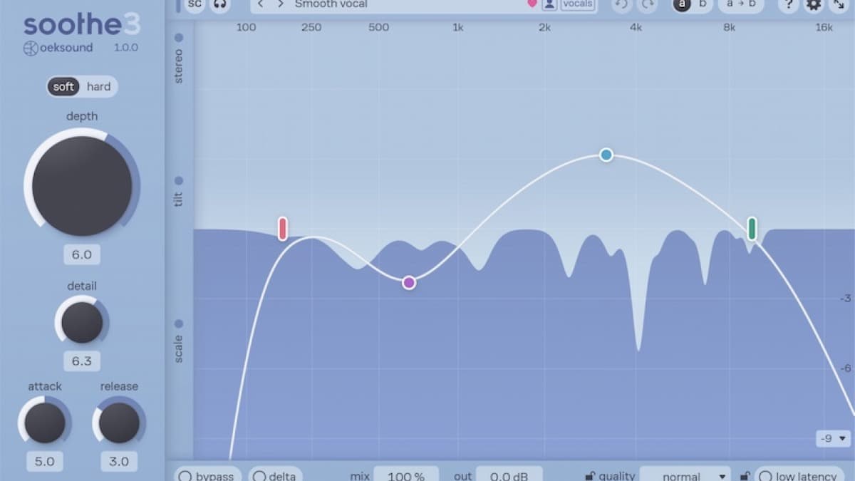 oeksound soothe3 dynamic resonance suppressor plugin interface showing a spectrum display with resonance nodes