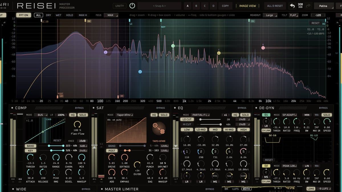 ONRI Audio REISEI mastering processor with spectrum, EQ, dynamics, and limiter on one screen