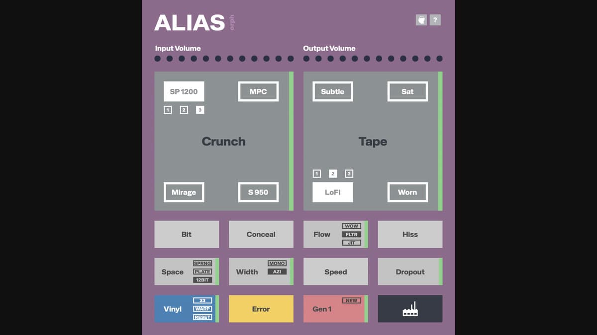 orph ALIAS plugin with sampler characters, tape states, and character tiles for vinyl, hiss, and CD errors