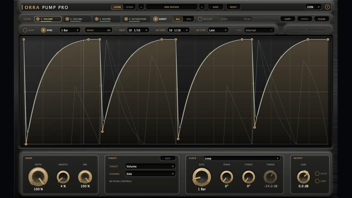 Orra Pump Pro window with four layer tabs, a hand-drawn modulation curve, and ALL, SEQ, and AUTO controls