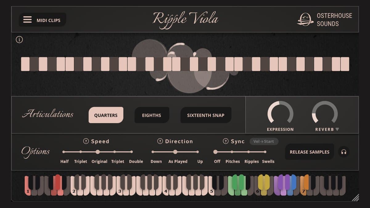 Osterhouse Sounds Ripple Viola plugin interface with articulation buttons, speed, direction and sync options