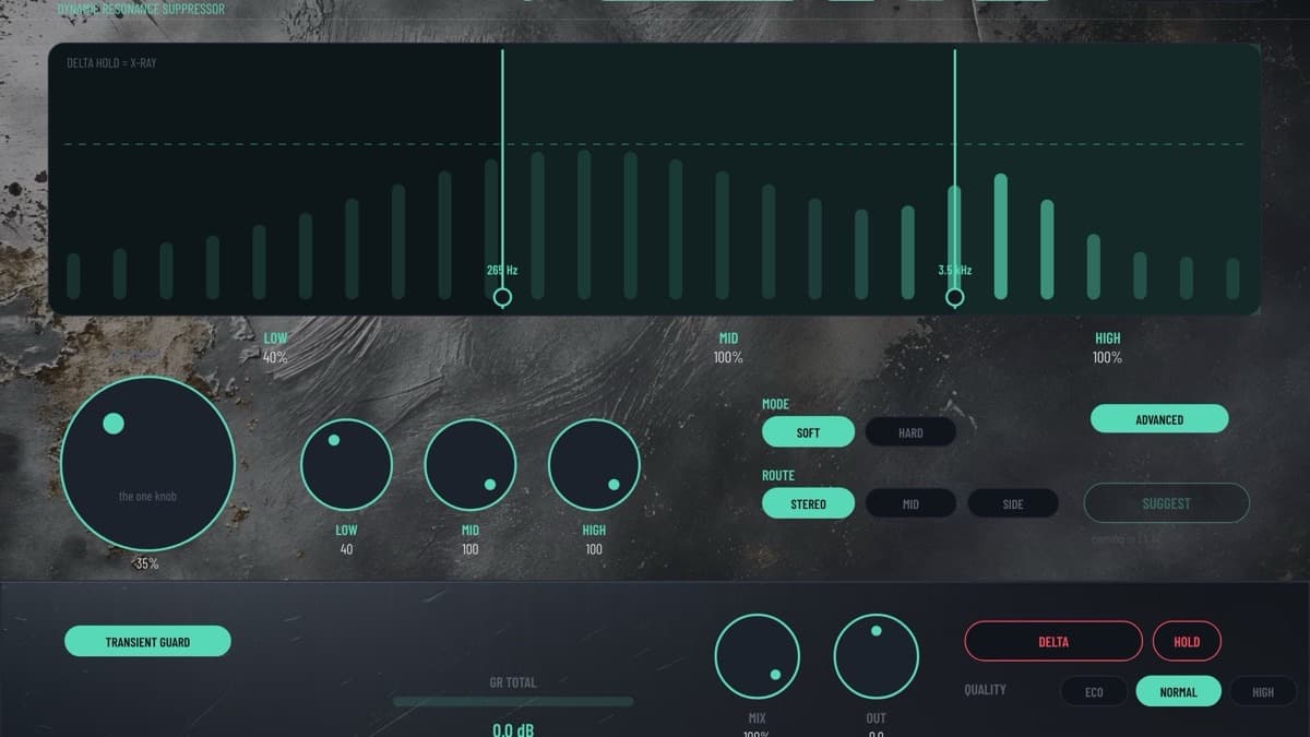 Pad Works DAMP dynamic resonance suppressor plugin interface showing the LOW, MID and HIGH zones
