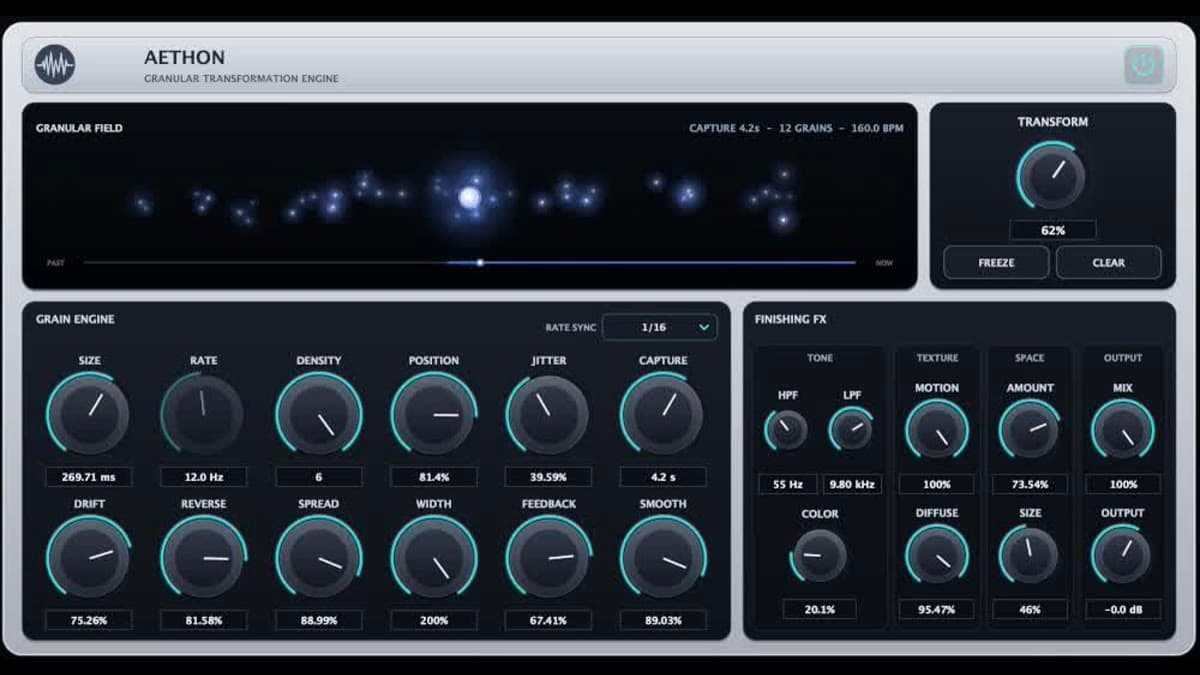 Parish Audio Aethon granular transformation engine with Transform knob, grain controls, and finishing FX