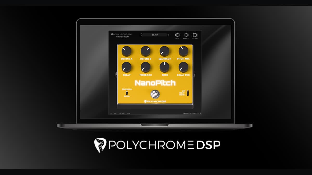 PolyChrome DSP NanoPitch artwork showing the micro-pitch plugin name and a guitar-and-synth width pitch