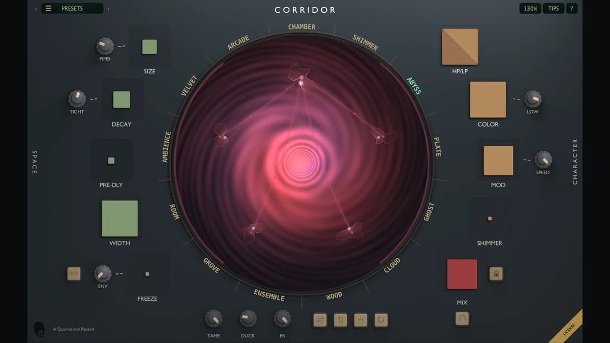 Quantastical CORRIDOR network reverb plugin with coupled rooms and live signal-flow display
