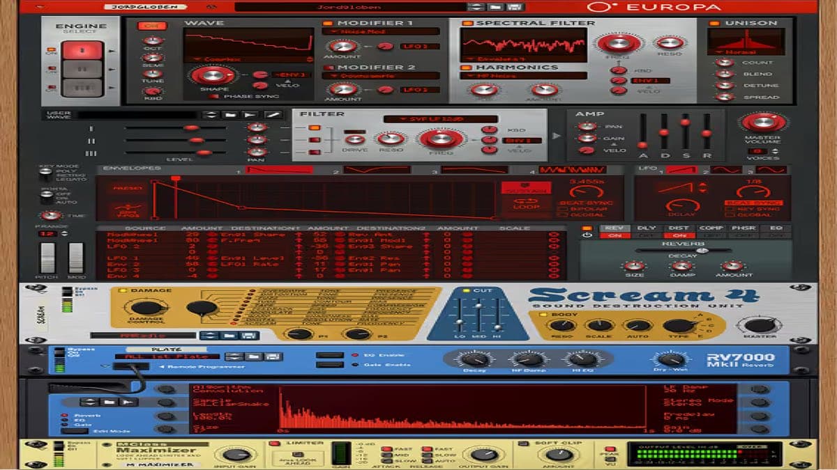 Reason Free rack plugin showing Europa, Kong and Scream 4 devices loaded in a DAW