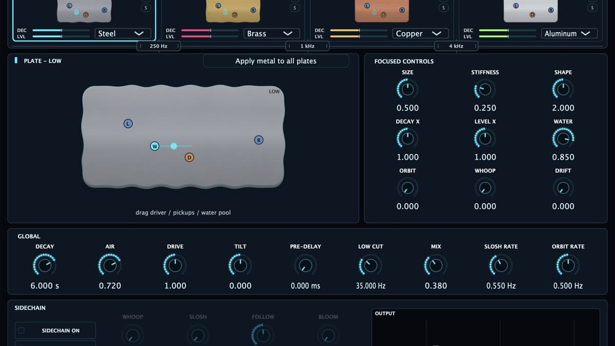 Reso Audio ResoPlate physically modeled plate reverb interface showing four metal plates and focused controls