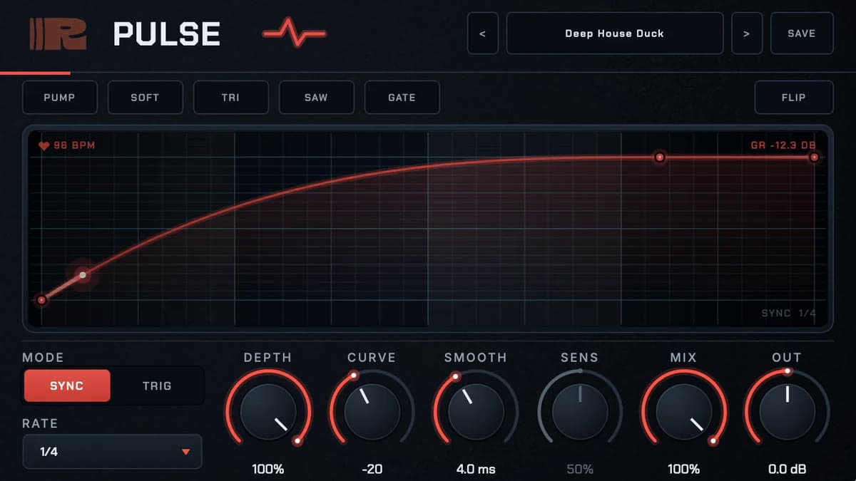 RIPPLES Pulse free sidechain plugin showing the Deep House Duck curve, Sync mode, and Depth Mix controls