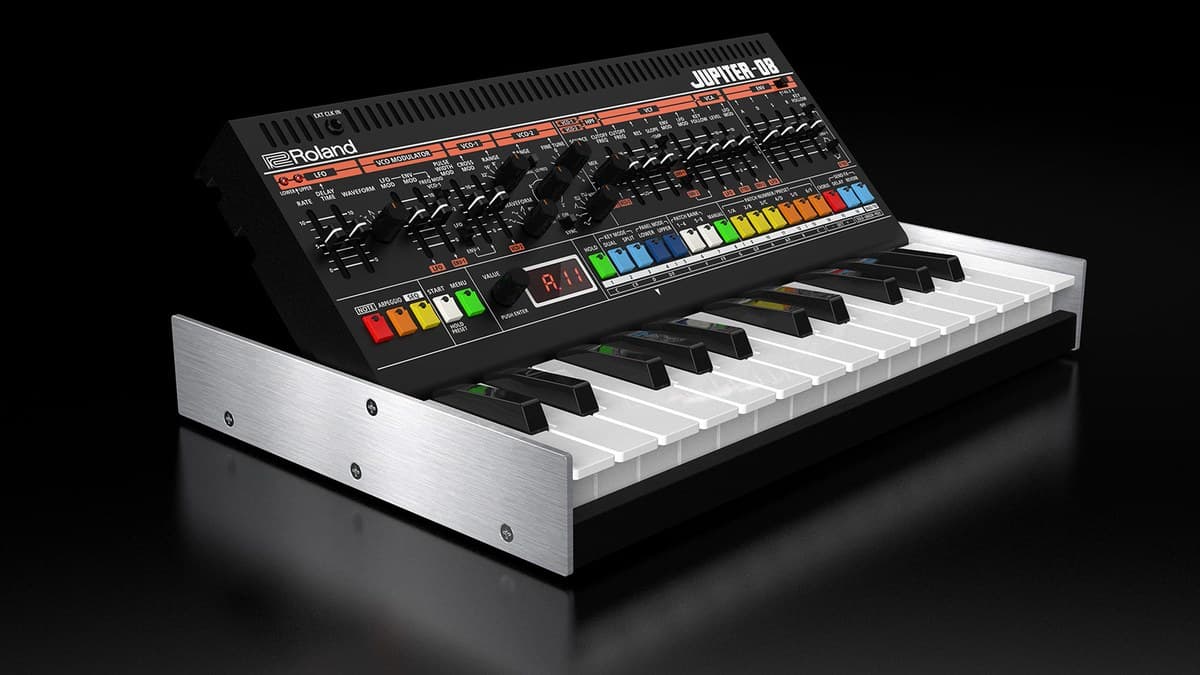Roland Boutique JUPITER-08 synthesizer docked in the included K-25m mini keyboard