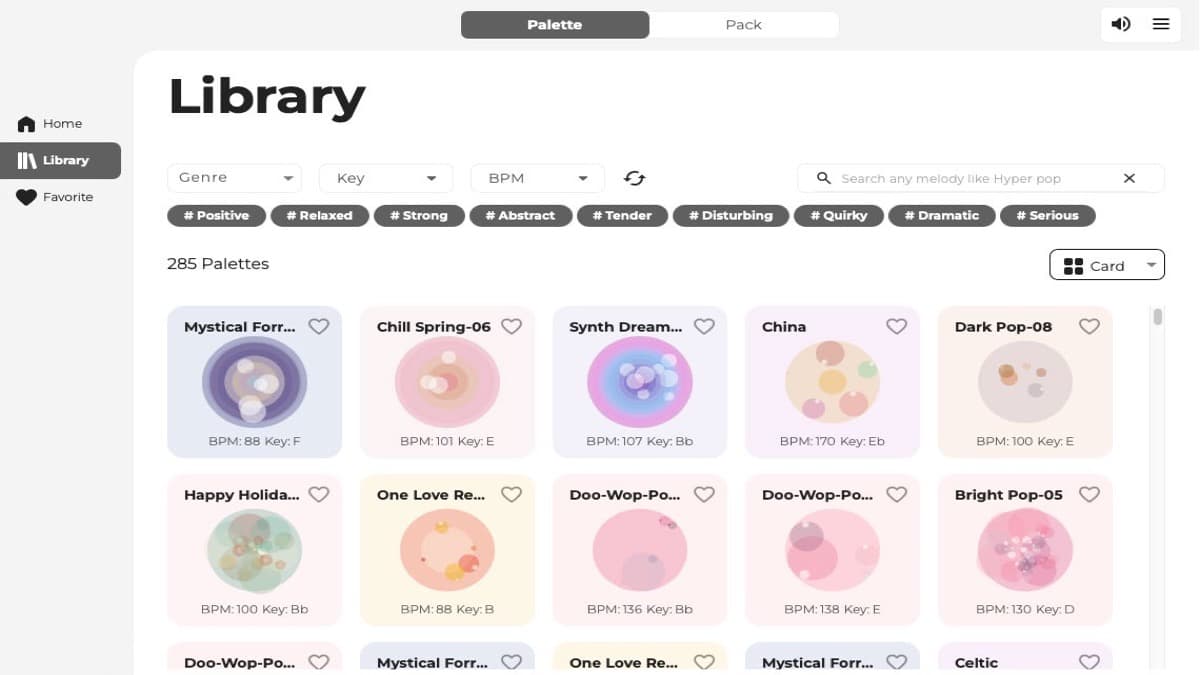 Roland Melody Flip palette library showing creative palettes tagged by mood, BPM, and key