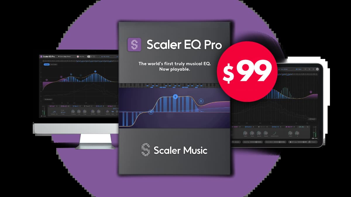 Scaler EQ Pro interface showing note-aware harmonic peak filters, dynamic EQ bands, and the MIDI Live Mode