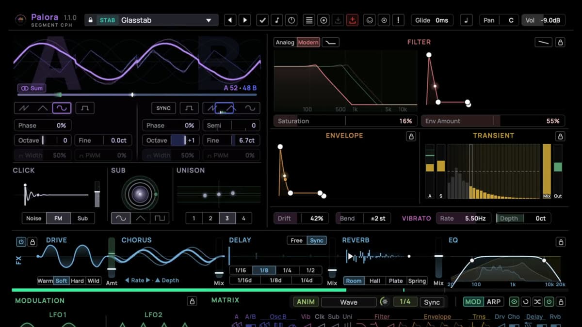 Segment CPH Palora virtual-analog synthesizer interface showing oscillators, filter, and modulation matrix
